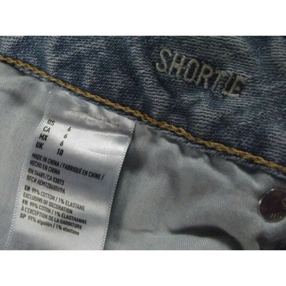 American Eagle 6 Blue Cut Off Denim Jean Distressed Shortie Shorts crochet trim - Picture 6 of 6